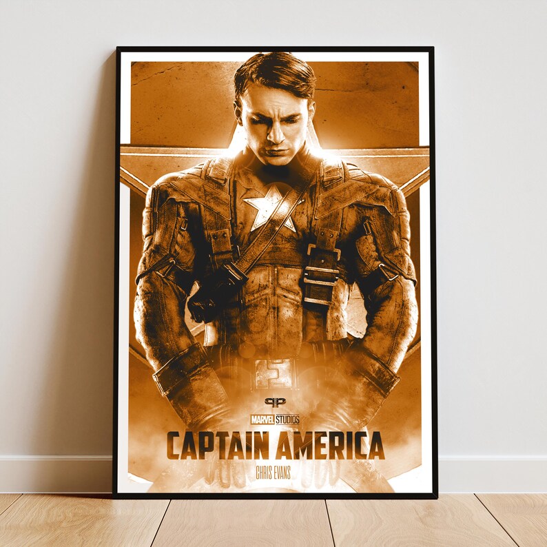 May include: A framed poster featuring Captain America from Marvel Studios. The image is sepia-toned, showcasing the character in his iconic costume. The poster includes the text "CAPTAIN AMERICA" and "CHRIS EVANS".