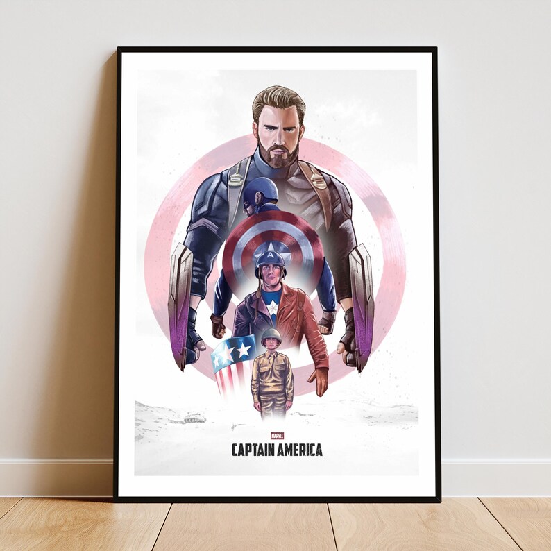 May include: A framed Captain America poster featuring a stylized illustration of the character in different eras. The artwork includes a shield, the American flag, and the text "CAPTAIN AMERICA" at the bottom.