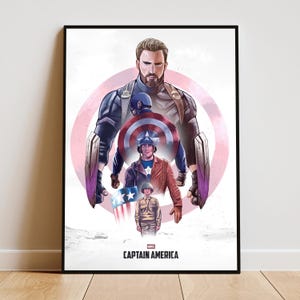 May include: A framed Captain America poster featuring a stylized illustration of the character in different eras. The artwork includes a central figure with a shield, surrounded by other versions of the character, and the words "CAPTAIN AMERICA" at the bottom.