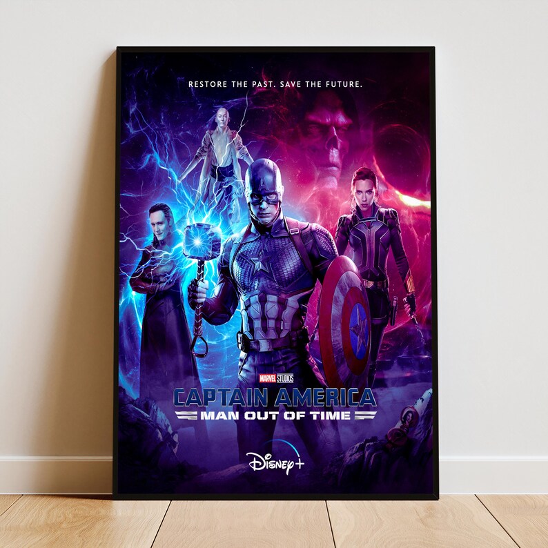 May include: A framed poster for "Captain America: Man Out of Time" featuring Captain America with his shield, and other characters. The poster has a dark background with the text "Restore the past. Save the future." and the Disney+ logo.