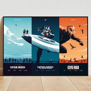 May include: A framed poster featuring three panels with Captain America themes. The left panel shows a snowy landscape with figures, the center panel features Captain America with his shield, and the right panel depicts a character in flight. Text includes "Sentinel", "Of", and "Liberty".