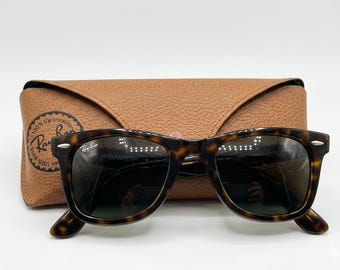 Pre-Owned Ray-Ban RB2140 Authentic Wayfarer Tortoise Frame Green Lens 50mm Unisex Sunglasses