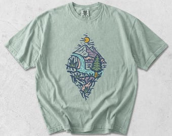 Garment Dyed T-Shirt: Vintage Landscape Print, DTG Graphic Tee
