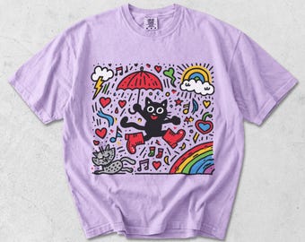 Garment Dyed Cat T-Shirt: Whimsical Rainbow & Rain Print, DTG Graphic Tee