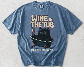 Garment Dyed Black Cat Wine Tub Graphic Tee – Relaxed Fit Comfort Colors Shirt
