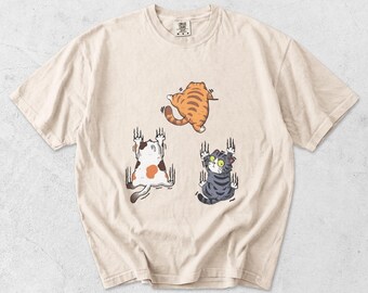 Garment Dyed T-Shirt: Playful Cats Graphic Print, Vintage Feel Apparel