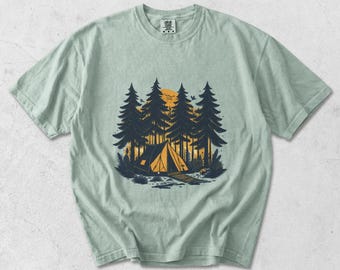 Garment Dyed Camping T-Shirt: Vintage Feel, DTG Printed Forest Scene