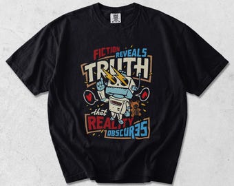 Garment Dyed T-Shirt: Robot Fiction Truth Graphic Print, Vintage Soft Feel