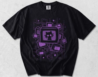 Garment-Dyed Black T-Shirt with Retro Cat Monitor Graphic