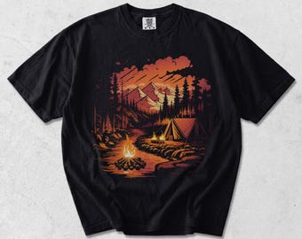 Garment Dyed Camping T-Shirt, Vintage Sunset Wilderness Graphic Tee