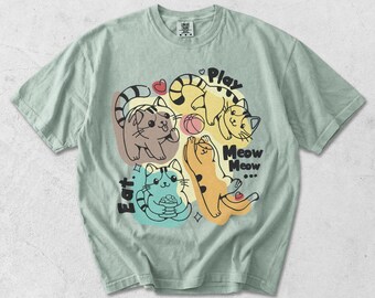 Garment Dyed Cat T-Shirt: Playful Meow Meow Print, Vintage Feel Tee