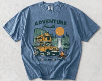 Adventure Awaits Camping T-Shirt: Garment Dyed, DTG Print, Outdoor Explorer Tee