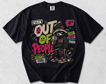 Garment Dyed Raccoon Graphic Tee: "Out of People" DTG Print