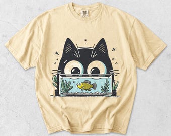 Curious Black Cat Fishbowl Graphic Tee, Aquarium Illustration Shirt