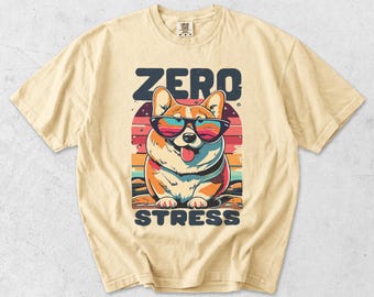Garment Dyed Corgi Graphic Tee: Zero Stress Retro Sunset Print