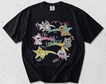 Garment Dyed Black T-Shirt with Dog and Cat Print – Vintage Feel DTG Graphic Tee