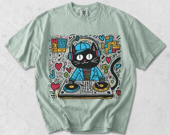 DJ Cat T-Shirt: Garment Dyed, DTG Print, Vintage Feel Apparel