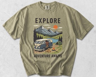 Garment Dyed T-Shirt: Vintage Camper Adventure Graphic Tee