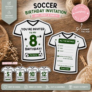 Könnte beinhalten: Fußball-Geburtstagseinladung in Form eines weißen Trikots. Die Einladung enthält den Text "You're invited to my 8th birthday!" und "To Harry". Weitere Karten zeigen verschiedene Alter. Die Einladung ist in Canva editierbar.