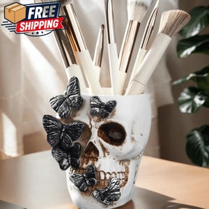 Handmade Gothic Skull Makeup Brush Holder - Black Butterfly Skull Storage Box - Goth Vanity Decor - Halloween Makeup Organizer - Spooky Art