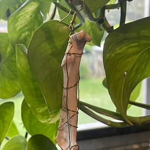 Op de afbeelding: Enkele oorbel met een botvormige hanger gewikkeld in goudkleurig draad. De oorbel hangt aan een goudkleurige haak. De achtergrond bevat groene bladeren en stelen.