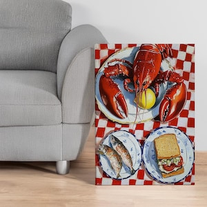 Kunstwerk met kreeftendiner, rood geblokt tafelcanvas, kustkeukenwanddecoratie, retro zeevruchtenprint, speels culinair cadeau-idee