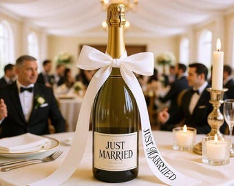 Custom Just Married Champagne Bow, Personalized Wedding Bottle Ribbon, Bridal Shower Decor, Reception Table Decor, Newlywed Gift