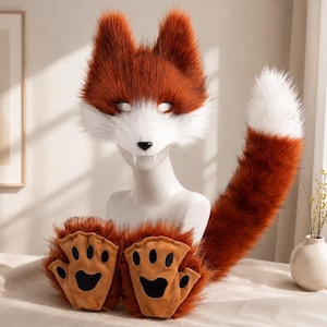 May include: A fox costume set featuring a faux fur mask with pointed ears, white cheek fur, and two white fangs. The set includes a long, bushy fox tail with a white tip and a pair of fingerless paw gloves with tan palms and black paw pads.