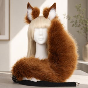 May include: A set of faux fur fox ears and a matching long, bushy fox tail in a rich reddish-brown colour. The ears feature white inner accents and are attached to a headband. The tail includes a black strap with a metal ring for secure attachment.
