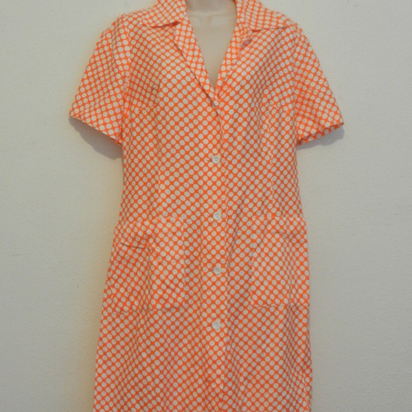 Vintage Dress- Orange Polka Dot Day Dress-Womens Large- 1960's