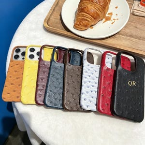 Può includere: Una fila di otto cover per smartphone con un motivo testurizzato in pelle di struzzo in vari colori, tra cui marrone chiaro, giallo, bordeaux, blu, marrone, bianco, rosso e nero. La cover nera all'estrema destra presenta le lettere dorate QR.