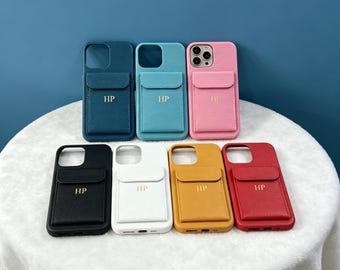 Spersonalizowane etui na telefon z inicjałem w jednolitym kolorze, etui na karty, etui na telefon z portfelem, spersonalizowane etui na telefon z monogramem, minimalistyczne etui na telefon