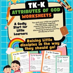 Può includere: Immagine di fogli di lavoro educativi colorati per bambini, con il testo "Attributes of God Worksheets". L'immagine include un arcobaleno, pastelli e bambini che leggono. I fogli di lavoro si concentrano sull'apprendimento dell'alfabeto e delle scritture.