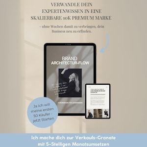 Puede incluir: Dos tabletas muestran texto e imágenes sobre un fondo neutro. La tableta más grande muestra "BRAND ARCHITECTUR-FLOW" y una imagen de mujer. La tableta más pequeña muestra "VON E-BOOK ERROR ZUR PREMIUM BRAND EXPERTIN". Texto adicional incluye "Ja ich will meine ersten 50 Käufer - jetzt Starten".