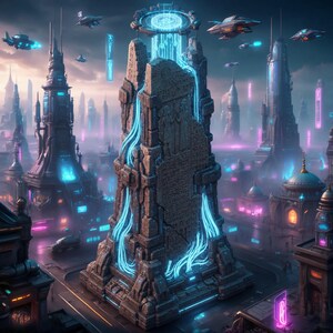 May include: A central stone obelisk featuring ancient carvings and glowing blue light conduits, situated in a futuristic city with tall dark towers, neon pink and blue accents, and flying vehicles under a cloudy, dim sky.
