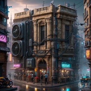 May include: A multi-story stone building with classical architectural details, large industrial ventilation fans, and exposed wiring. The structure features a street-level storefront with neon signage, a corner entrance, and a drone flying overhead.