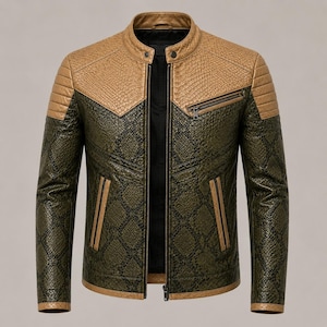 May include: A jacket featuring a two-tone design with a tan upper chest and shoulder section and a dark olive green lower body. The material has a textured snakeskin pattern throughout. It includes a stand-up collar, a central zip, and two zipped pockets.