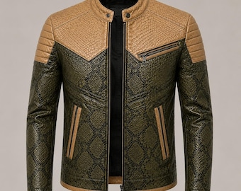 Mens Python Leather Jacket Brown Olive Motorcycle Biker Zip Up Snakeskin Texture Fashion Rider Streetwear Casual Coat