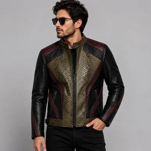 Herren-Pythonlederjacke mit Schlangenmuster, Biker-, Motorrad-, Café-Racer- und Cafe-Racer-Stil, olivgrün, schwarz, burgunderrot, handgefertigt, Used-Look, Streetwear-Mantel