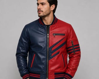 メンズ レザー ボンバージャケット レッド ネイビー バイカー バーシティ モーターサイクル カジュアル ストリートウェア ジップ リブカラー ハンドメイド アウター