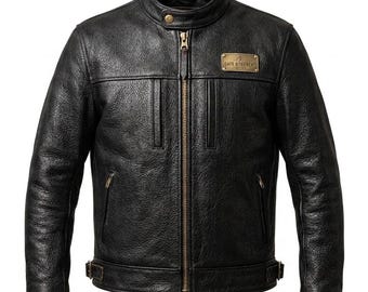 Premium Black Leather Biker Jacket for Men, Vintage Motorcycle Outerwear, Handmade Genuine Cowhide Rider Coat Gift