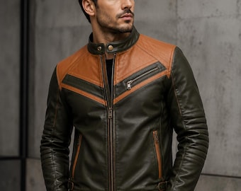 Men's Olive Brown Leather Biker Jacket Quilted Motorcycle Cafe Racer Vintage Zip Front Handmade Outerwear Streetwear