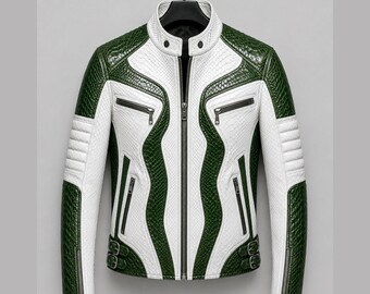 Men White Green Leather Jacket Snakeskin Texture Biker Motorcycle Slim Fit Stand Collar Zip Riding Streetwear Handmade