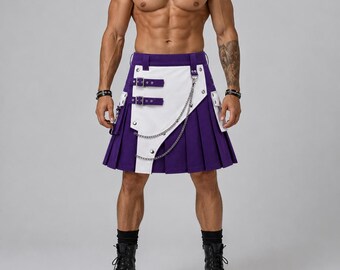 Lila-weißer Utility-Kilt für Herren, Gothic-Stil, plissiert, modisch mit Schnalle und Kette, Festival-Streetwear, verstellbarer Bund, handgefertigtes Design