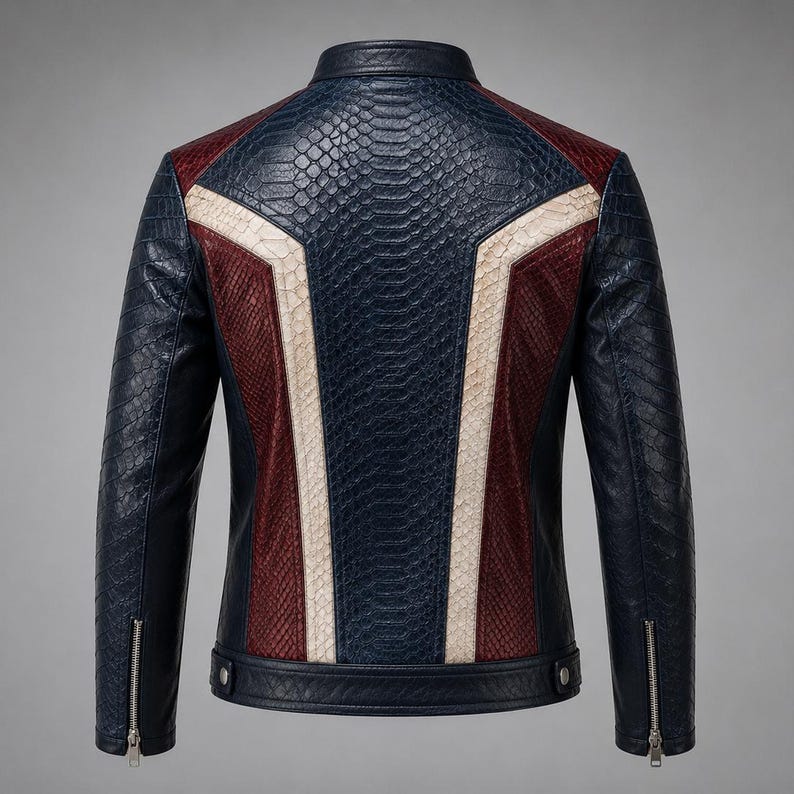 May include: A jacket featuring a textured snakeskin pattern in navy blue, deep red, and off-white. The back displays a color-blocked design with a central navy panel, flanked by red sections and white stripes. It includes silver-tone metal zippers.