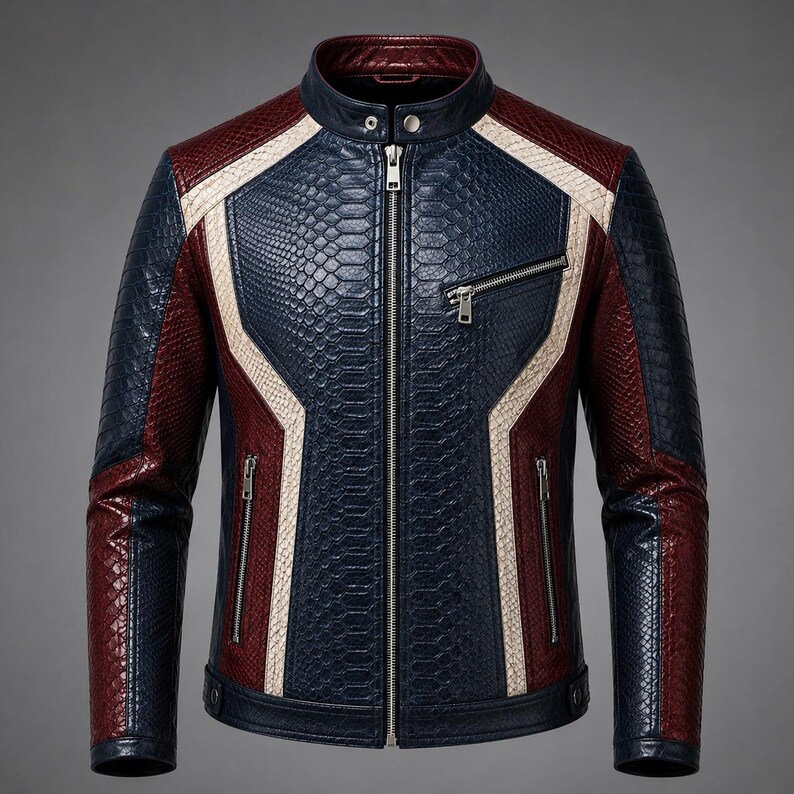 May include: A multi-colored jacket featuring a textured snakeskin pattern in navy blue, deep red, and off-white. The garment includes a stand-up collar with a snap button, a full-length silver-tone front zipper, and three zippered pockets on the front.