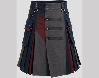 Falda escocesa moderna para hombre, estilo cargo gótico, conjunto plisado azul marino, gris y granate, hebilla ajustable, ropa escocesa para festivales.