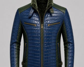 Mens Blue Crocodile Embossed Leather Jacket Green Contrast Shearling Collar Biker Motorcycle Winter Zip Outerwear Coat