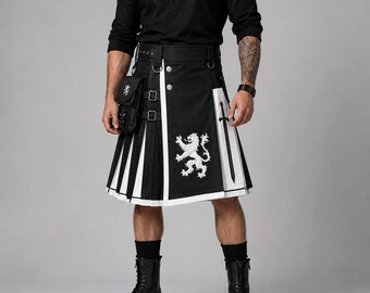 Black Utility Kilt Gothic Scottish Pleated Cargo Buckle Celtic Highland Festival Tactical Renaissance Gothic Fashion Wear