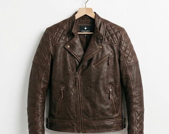 Mens Brown Leather Biker Jacket Vintage Motorcycle Coat Quilted Shoulder Design Asymmetrical Zip Casual Outerwear